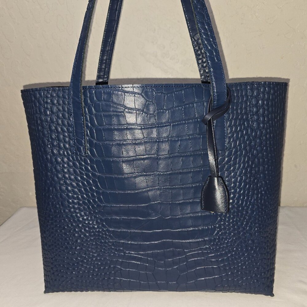 Mark and Graham Everyday Blue Italian Croc Embossed Leather Shoulder Tote Bag